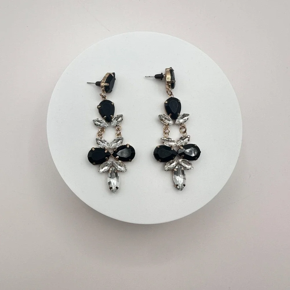Vintage 90s Gold Tone Dangle Earrings Black &Clear Glass Women's Fashion Jewelry